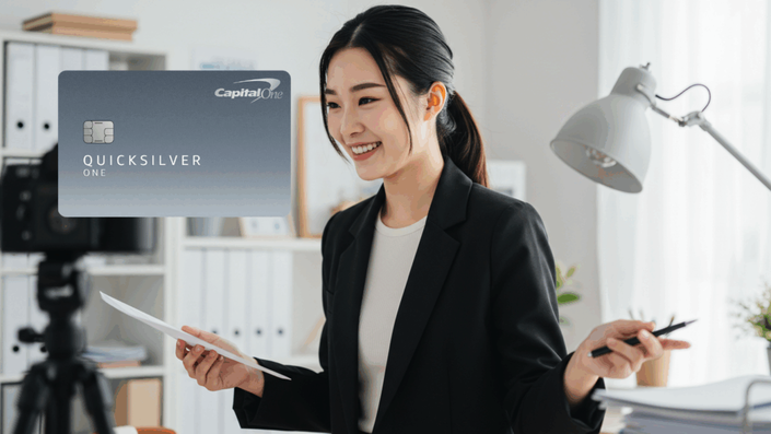 Mujer asiática sonriente sosteniendo documentos y un bolígrafo en una oficina moderna, con una tarjeta Capital One Quicksilver One visible en la parte superior izquierda.