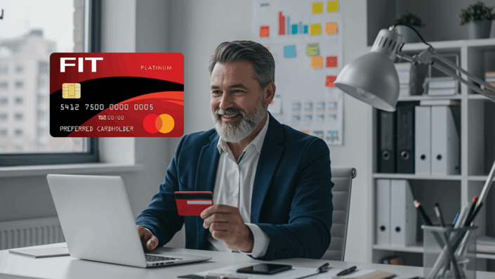 Hombre mayor sonriente usando una tarjeta de crédito FIT Mastercard mientras trabaja en una oficina moderna con una computadora portátil