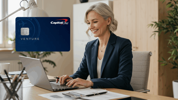 Mujer adulta sonriente trabajando en una oficina luminosa con una computadora portátil, junto a una tarjeta de crédito Capital One Venture flotando en la parte superior izquierda.