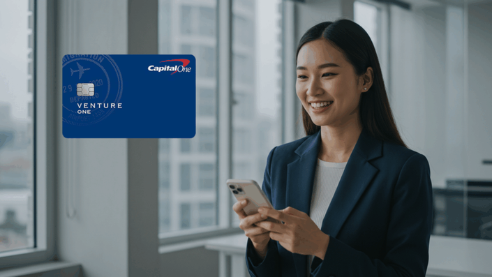 Mujer joven usando su teléfono móvil en una oficina luminosa, con una tarjeta de crédito Capital One Venture visible al lado.