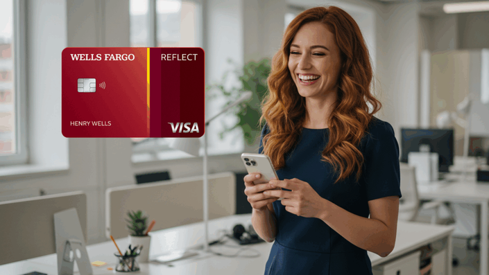 Mujer sonriente usando su teléfono móvil en una oficina moderna, con una tarjeta de crédito Wells Fargo Reflect visible a su lado.
