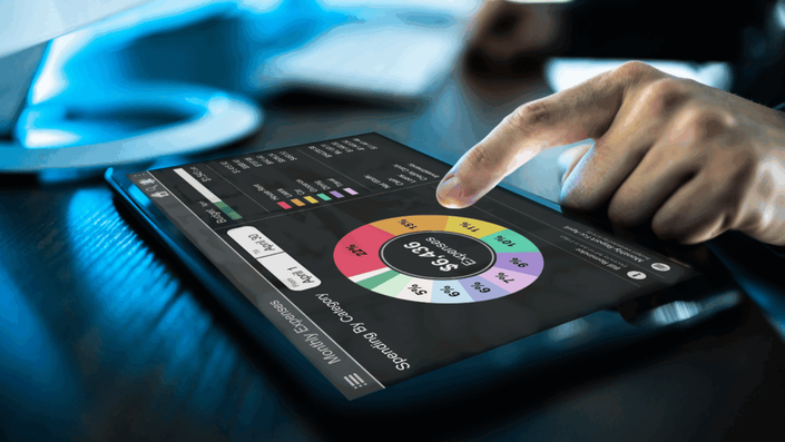 Pantalla de una tableta con gráficos de una aplicación de finanzas personales, utilizada para reducir gastos mensuales y controlar el presupuesto.