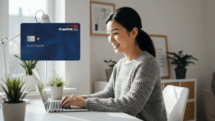 Persona sonriendo mientras usa una laptop, con una tarjeta Capital One Platinum visible a su lado