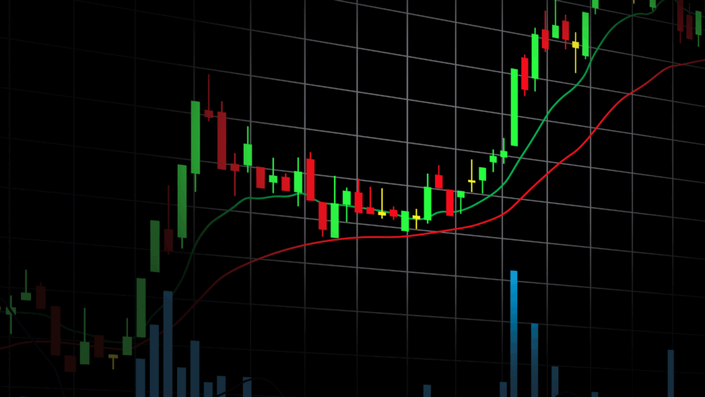 Gráfico de velas japonesas mostrando la fluctuación de precios de acciones, con indicadores técnicos como medias móviles y barras de volumen sobre un fondo oscuro cuadriculado.