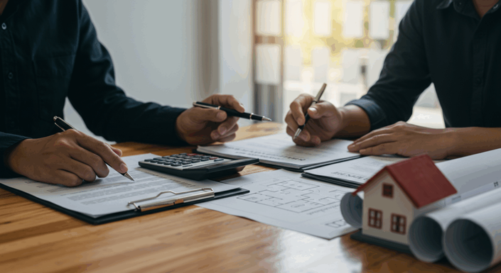Una pareja planificando su futuro financiero al analizar documentos para invertir en bienes raíces, con una calculadora y una casa a escala sobre el escritorio.