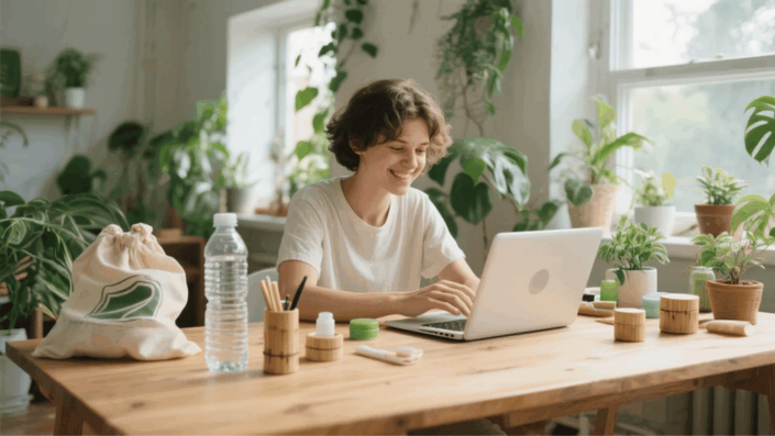 Persona sonriente invirtiendo su dinero en proyectos ecológicos, representando la felicidad y el impacto positivo de las Inversiones sostenibles.