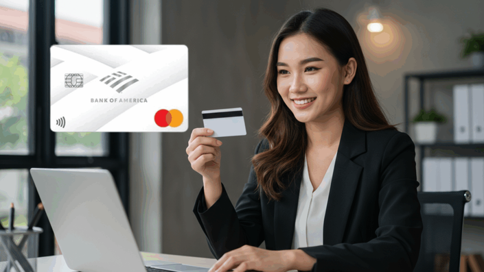 Mujer profesional sosteniendo una tarjeta de crédito de Bank of America mientras trabaja en una laptop en una oficina moderna y bien iluminada.