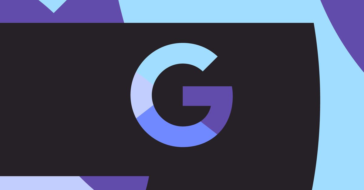 Image of the Google “G” logo on a blue, black, and purple background.